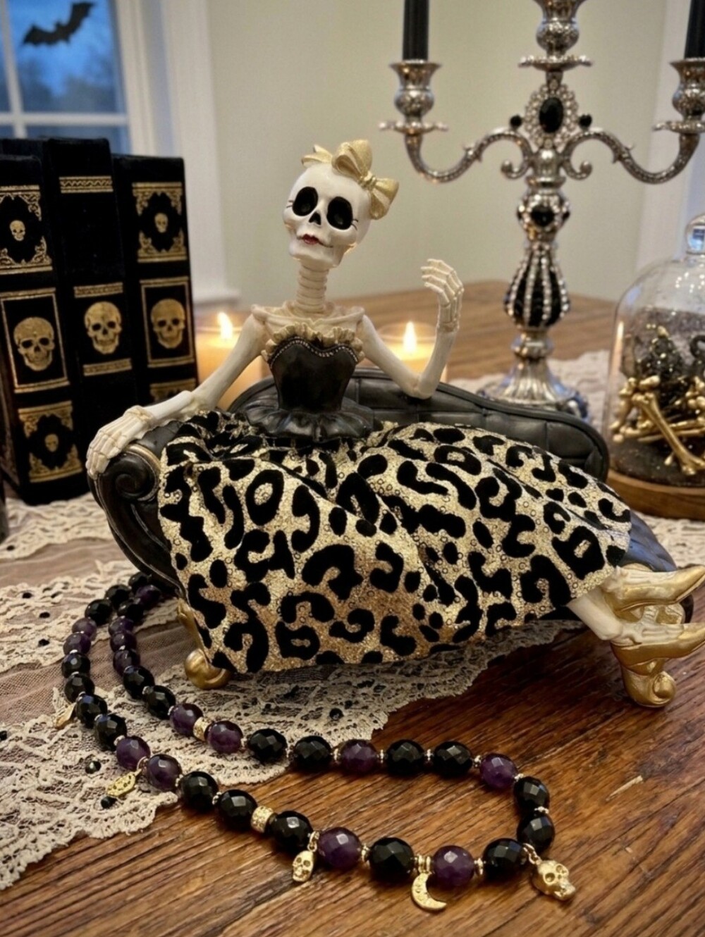 Bella Lux Halloween Skeleton Lady on Chaise Lounge Leopard Print Sequin Figurine
